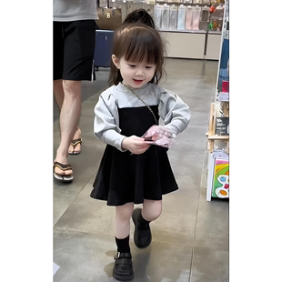 韩国童装女童连衣裙春秋，款2024洋气宝宝时尚韩版儿童拼接长袖裙子