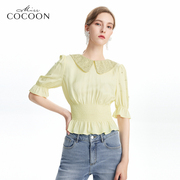 misscocoon雪纺金丝感衬衫，腰部打揽设计仿醋酸，缎面翻领黄色上衣