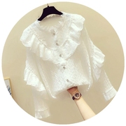 立领雪纺上衣长袖女蕾丝荷叶，边白色衬衣韩版秋季洋气小衫衬衫