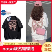 NASA联名蝴蝶结印花纯棉短袖t恤女夏季2024潮牌宽松圆领上衣