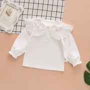 娃娃领打底衫女童蕾丝宝宝长袖t恤白色婴儿上衣春秋纯色秋装洋气