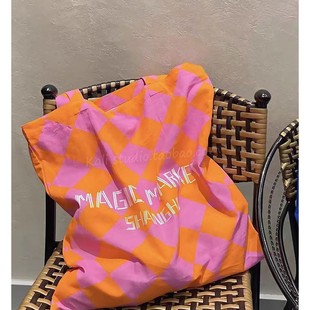 夏日限定粉橙菱格时髦Magic Market布袋大容量学生购物袋单肩包女