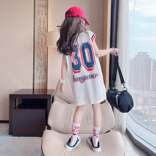 女童夏装背心裙2024韩版洋气，中大童夏季时髦网红无袖t恤裙潮