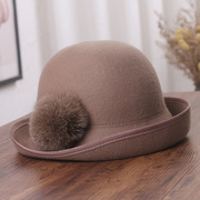 帽子女秋冬英伦复古羊毛呢，礼帽卷边渔夫帽，优雅时尚兔毛球装饰盆帽