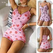 胸垫吊带短裤睡衣夏季女式牛奶丝粉色爱心印花性感连体衣内衣套装