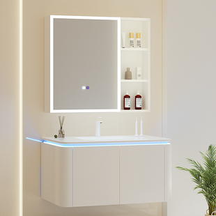 整板铝合金浴室柜陶瓷一体，盆奶油风小户型，卫生间洗漱台洗手盆洗脸