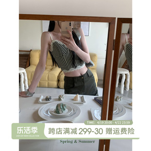 JOEYJOY酒一黑色格子抹胸上衣女时尚蕾丝打底夏辣妹修身吊带