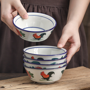 中式手绘鸡公碗高温陶瓷釉，下彩微波炉餐具复古怀旧家用米饭碗汤碗