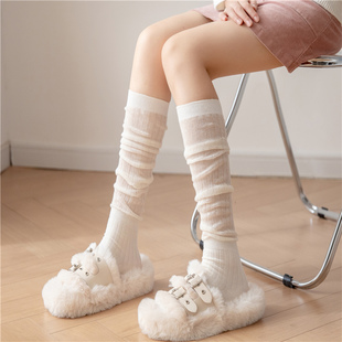 白色堆堆袜日系jk小腿，袜搭配靴子女春秋冬竖条纹过膝长筒灰色中筒