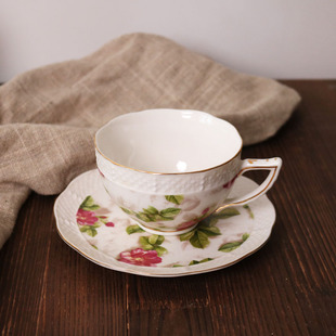 W1962出口欧洲老货金边玫瑰英伦乡村风编织款大口咖啡杯碟/茶杯碟