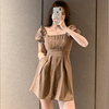 夏季法式韩版连体衣女气质高腰连身褶皱短袖方领连体短裤套装