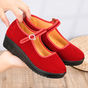 老北京布鞋女单鞋红色厚底，表演软底跳舞鞋中老年名族风广场舞蹈鞋