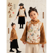 Amybaby女童马甲2023冬季儿童中国风加厚夹棉刺绣保暖上衣