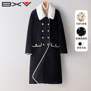 BXV娃娃领羊羔绒大衣女2023冬黑色羊剪绒中长款外套宽松加厚