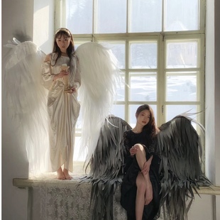 白色天使的翅膀舞蹈道具精灵系黑色天鹅羽毛影楼拍摄写真cos装饰