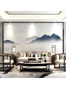 新中式水墨山水壁纸客厅，电视背景墙壁画，8d茶室书房墙布影视墙壁布