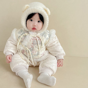 婴儿衣服冬季夹棉连体衣拜年服女宝宝百天周岁宴唐装哈衣过年衣服