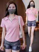 纯棉polo领T恤女短袖衬衫高级感夏季翻领修身短款正肩粉色上衣