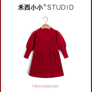 秋冬儿童针织连衣裙女童纯色，新年裙子红色毛衣裙(毛，衣裙)甜美泡泡袖