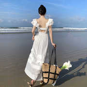 三亚旅游衣服棉麻沙滩裙白色复古露背长裙飞飞袖连衣裙仙女裙度假