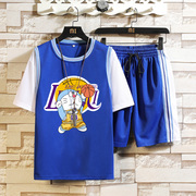胖大童卡通假两件干短袖T恤速初高中学生篮球服球衣套装男孩夏装