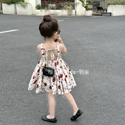 韩国童装2024夏女童复古玫瑰花朵连衣裙子儿童气质吊带背心裙