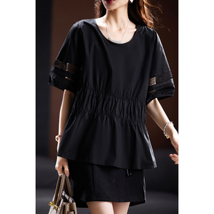 素木时尚短袖黑色衬衫，女2024年夏季圆领上衣，欧货宽松大码女装