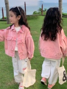 女童春装粉色棉牛仔外套，2024洋气宝宝，蝴蝶结百搭开衫时髦夹克