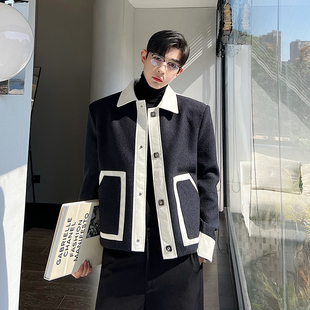 2022秋冬款加厚呢料夹克，男小众黑白撞色拼皮设计韩版高级感外套潮