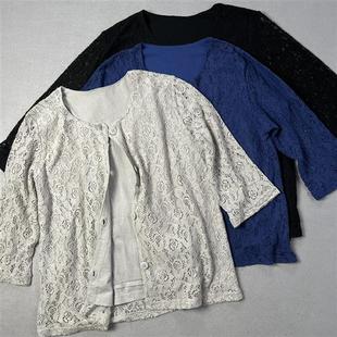 日单 22 夏秋女式纯棉蕾丝开衫前开扣圆领七分袖上衣外套挂里