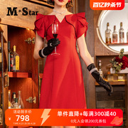 M-Star明星系列秋季红色波点连衣裙女复古设计感小众名媛高端