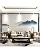 新中式水墨山水壁纸客厅电视背景墙壁画8d茶室书房墙布影视墙壁布