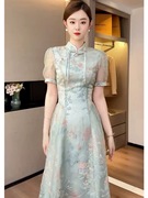 新中式国风旗袍立领短袖连衣裙女夏季高端优雅气质收腰长裙子