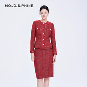 mojo肌理感小香风半身裙，秋冬气质新年限定酒红色套装半裙女