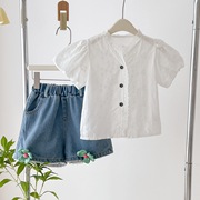 2024夏季女童短袖衬衫套装蕾丝，泡泡袖上衣，花朵牛仔短裤两件套