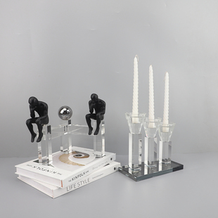 北欧创意水晶烛台树脂思考者人物雕塑摆件客厅玄关书房家居装饰品