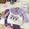 女童春装时髦清新紫色针织吊带，衬衫套装0-5岁儿童，花朵上衣喇叭裤