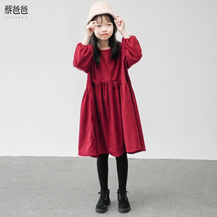蔡爸爸童装，女大童红色连衣裙秋冬装，圆领灯芯绒长袖裙子1033