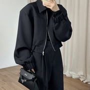 Lang Y2023秋季简约短款垫肩廓形显瘦设计感黑色夹克外套女