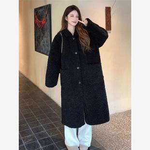 黑色皮毛一体仿皮草翻领羊羔毛外套女冬加厚毛毛中长款保暖大衣