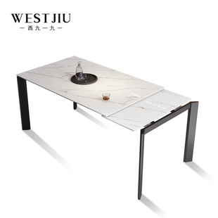 意式轻奢岩板餐桌可伸缩家用小户型靠岛台单边拉伸黑色长方形餐台