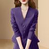 欧美复古紫色V领长袖西装外套女2024春季高级感气质收腰西服