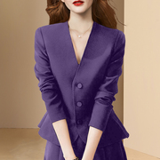 欧美复古紫色v领长袖，西装外套女2024春季高级感气质收腰西服