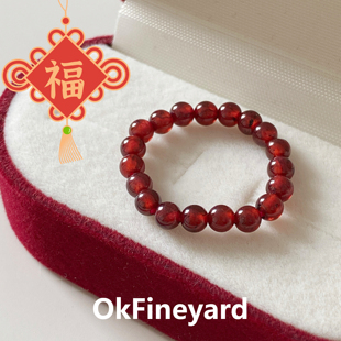okfineyard天然红色石榴石串珠，戒指女水晶弹力，绳指环貔貅转运尾戒