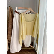b246016温柔鹅黄色针织吊带，加开衫两件套毛衣女(毛衣女)春装