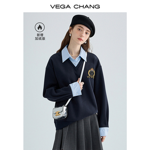 VEGA CHANG假两件卫衣女春秋2024洋气减龄学院风显瘦短外套