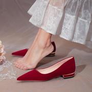 红色婚鞋平底鞋女2024年秀禾婚纱，两穿新娘鞋结婚绒面平跟单鞋