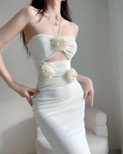泰国潮牌小众设计立体玫瑰，裹胸生日战袍显瘦梨型身材女人味连衣裙