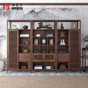 新中式实木书柜组合黑胡桃木，办公室书架置物架，茶室博古架展示柜