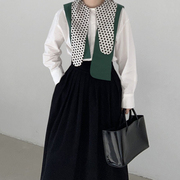 韩国chic小众波点不规则翻领，拼接长袖衬衫，+高腰压褶半身裙套装女